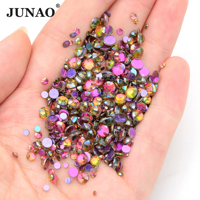 JUNAO AAAAA Top Quality Aurora Green AB Mix Size Glass Nail Rhinestones SS6-SS20 Round Crystal Stones Non Hotfix Strass 1400pcs