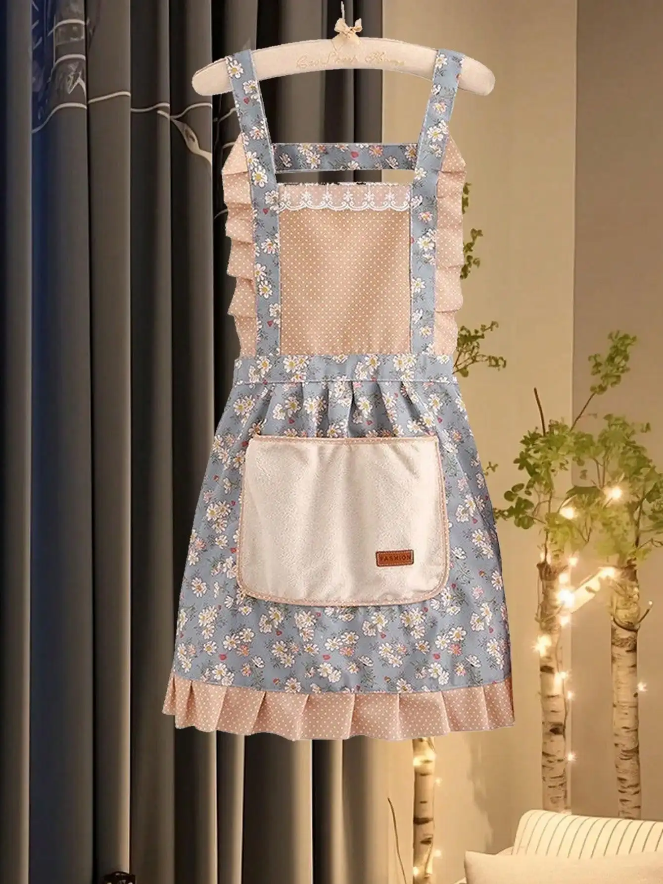 Hand wipe apron Princess wind waist breathable canvas floral garden lovely apron blue