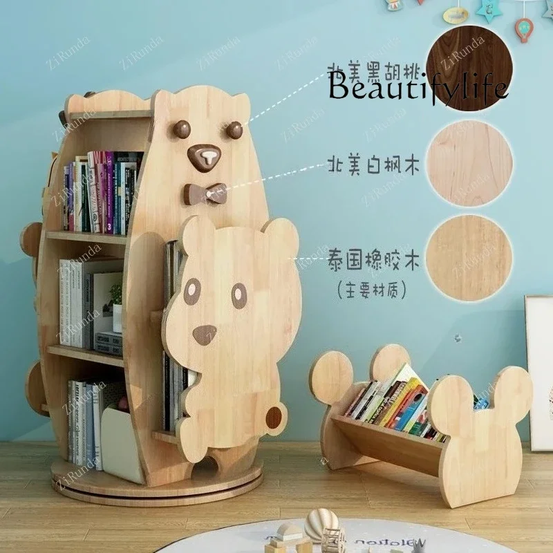 0 أرضية رف كتب دوارة، خزانة كتب للأطفال، تخزين ألعاب رف كتب، تخزين من خشب البلوط #3