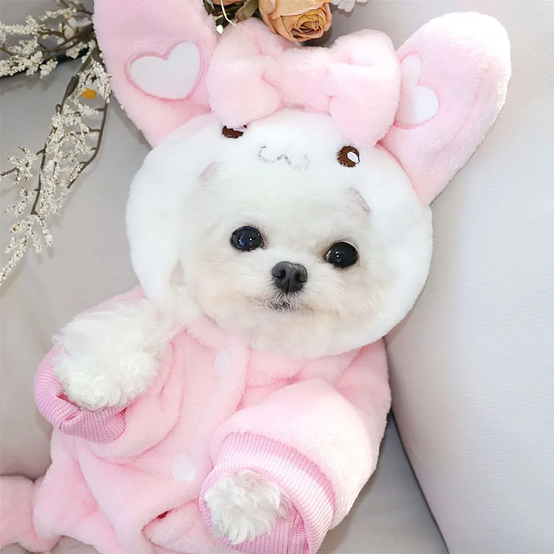 Pink Dog Clothes Rabbit Transformation Costume Pet Halloween Four Legged Clothes Teddy Winter Warm Clothes Bichon Jumpsuits