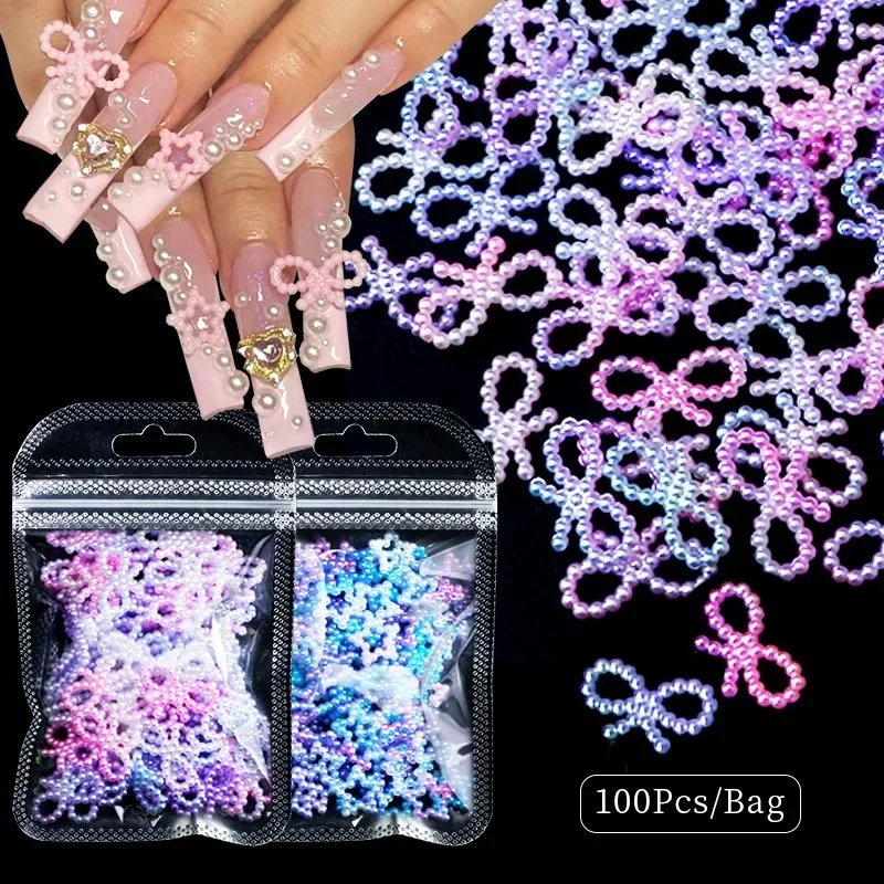 3D Hollow Star Pearl Nail Art Charms, Flatback redondo, DIY Acessórios para unhas, Decoração de jóias, branco, roxo, 10 pcs, 100 pcs