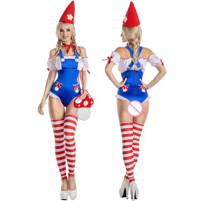 

Women Mushroom Costumes Cold Shoulder Short Sleeve Jumpsuit Striped Leg Warmers Hat and Choker Performance Cosplay Outfit