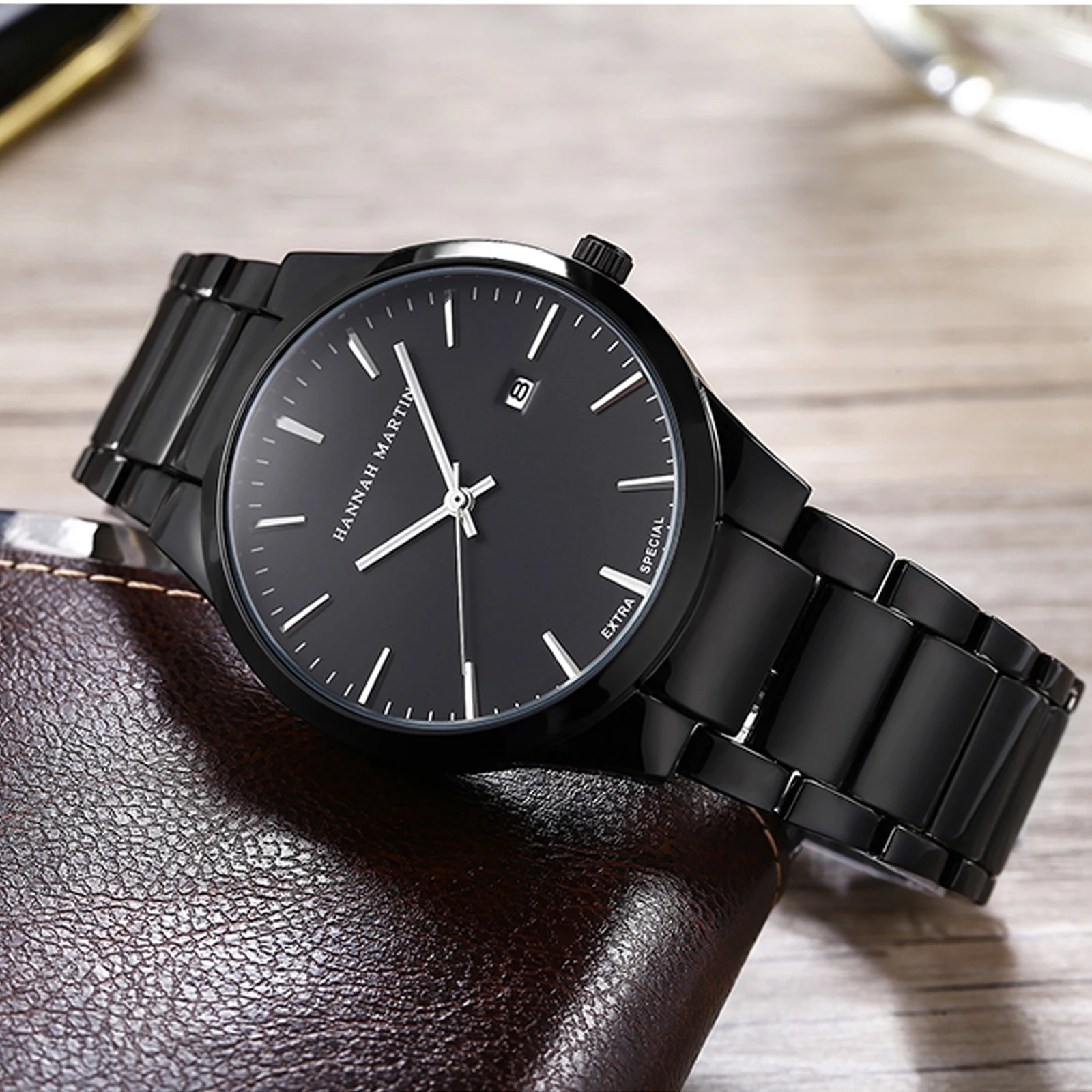 High Quality Stainless Steel Watch Mens Fashion Black 40.5mm Original Calendar Quartz Watches for Men Casual 3Bar Waterproof New