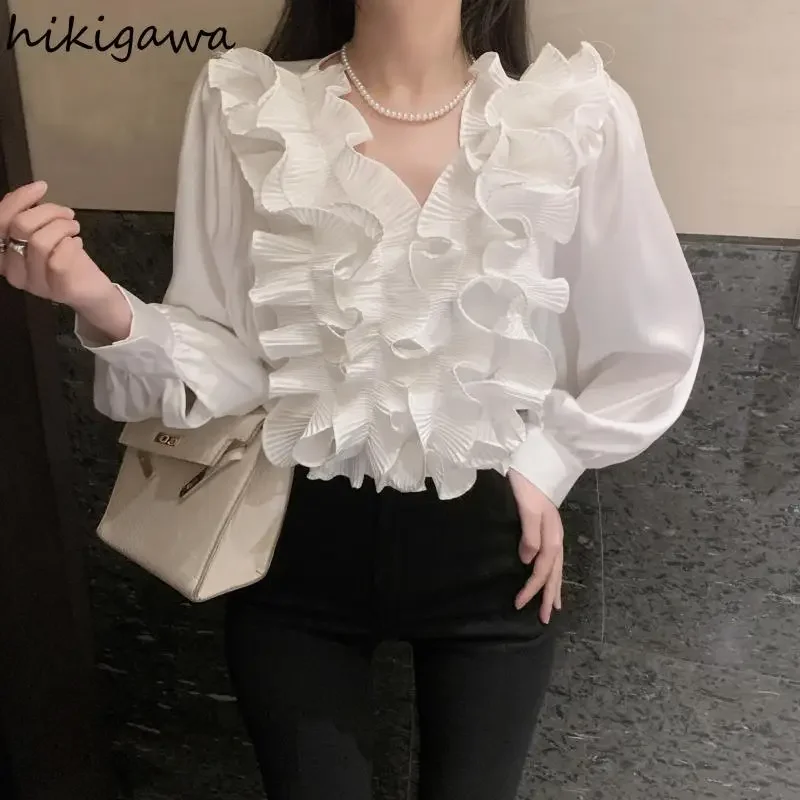 Temperament Lady Tops Blouses for Women V-neck Long Sleeve White Shirts 2024 Blusas Mujer De Moda Ruffles Loose Summer Blouse