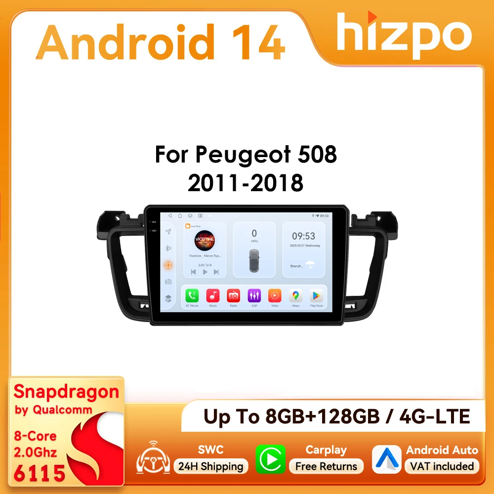 Hizpo 2Din 9 Zoll Android Autoradio für Peugeot 508 508SW 2011–2018 CarPlay Android Auto RDS DSP GPS Navigation Snapdragon 6115