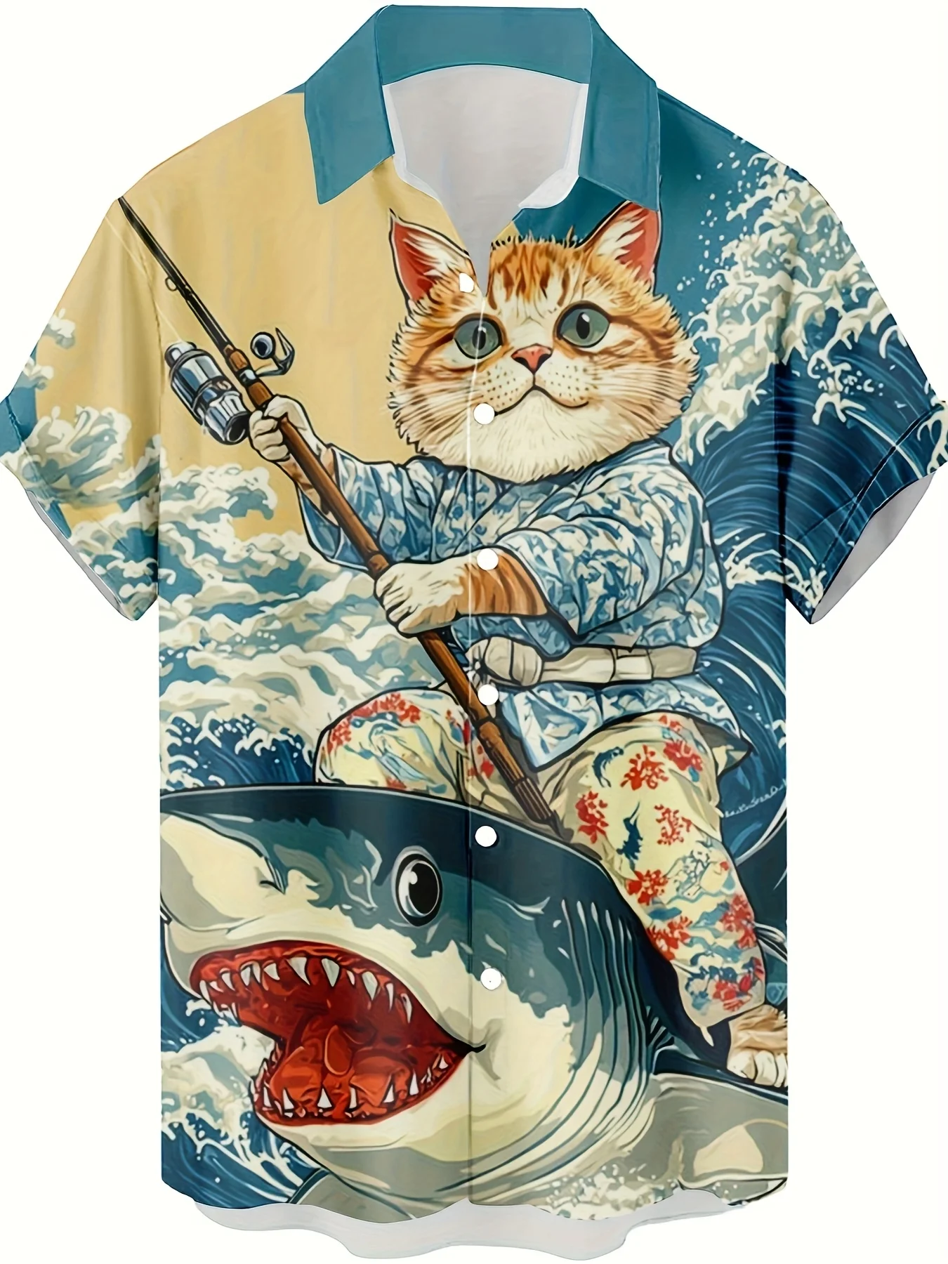 Men Short Sleeve Shirt Ukiyo‑e Style Cat Riding Shark Fishing Print Turn‑Down Collar Button‑Up Casual Top