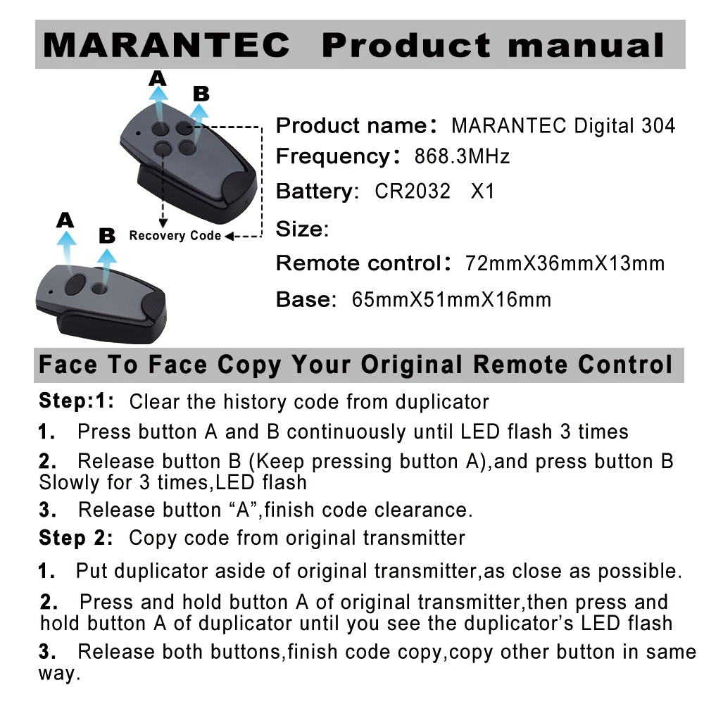 Marantec 868mhz 433mhz Ggarage Door Command Duplicator Marantec Digital D302 D304 382 384 Remote Garage Gate Control