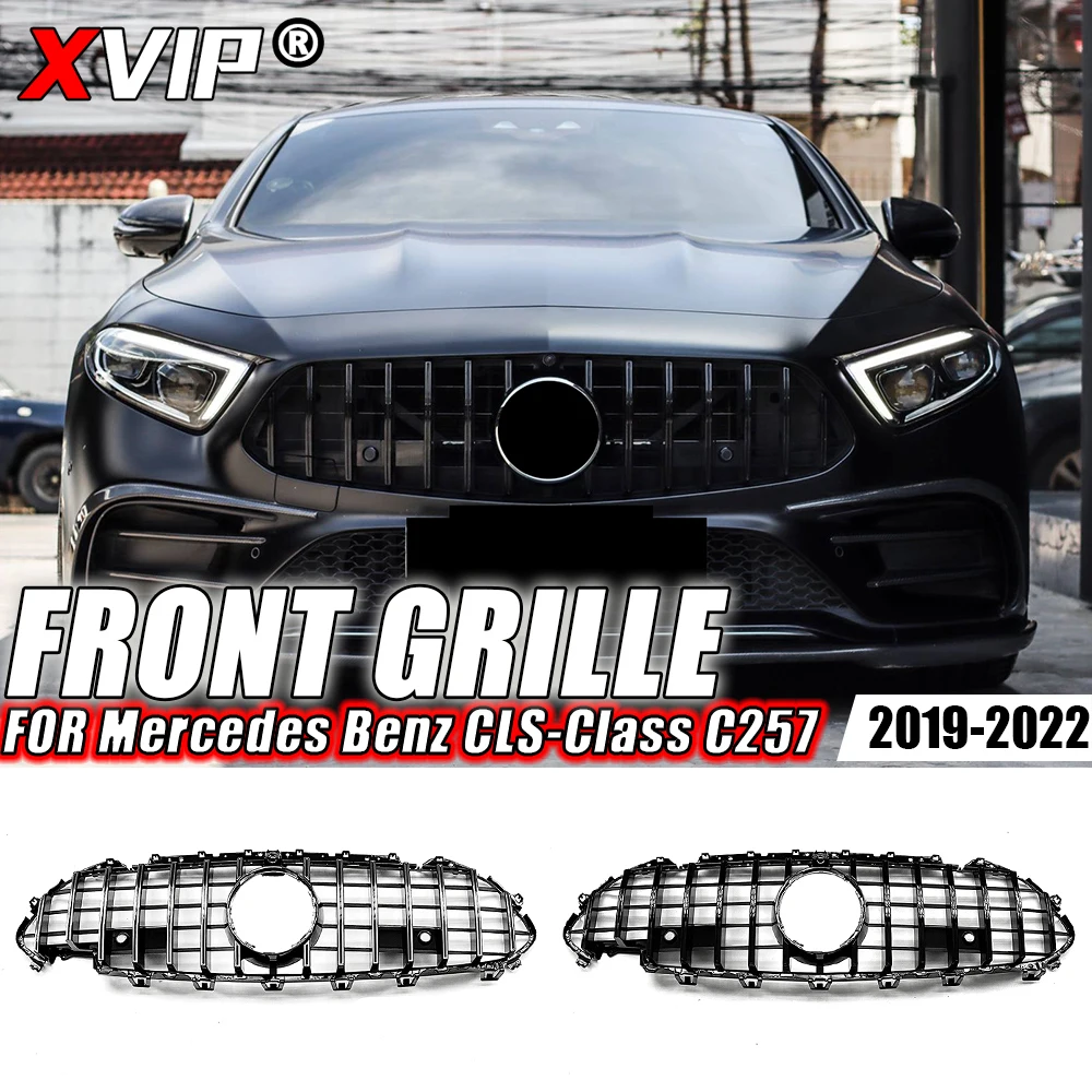 XVIP Glossy Black GTR Style Front Bumper Grille For Mercedes Benz CLS C257 CLS450 CLS53 AMG 2019-22 Diamonds Style Upper Grilles