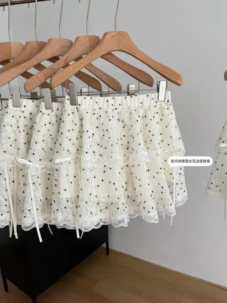 Renda emenda bolinhas bolo mini saia feminina 2025 verão cintura alta bandagem magro a linha y2k saias puro doce skort