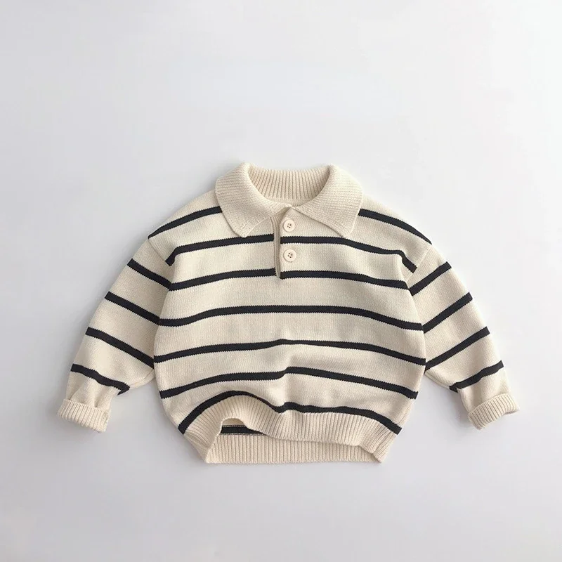 

2024 Spring Kids sweater contrast color striped turn-down collar knitwear Boys girls cotton loose knit pullover