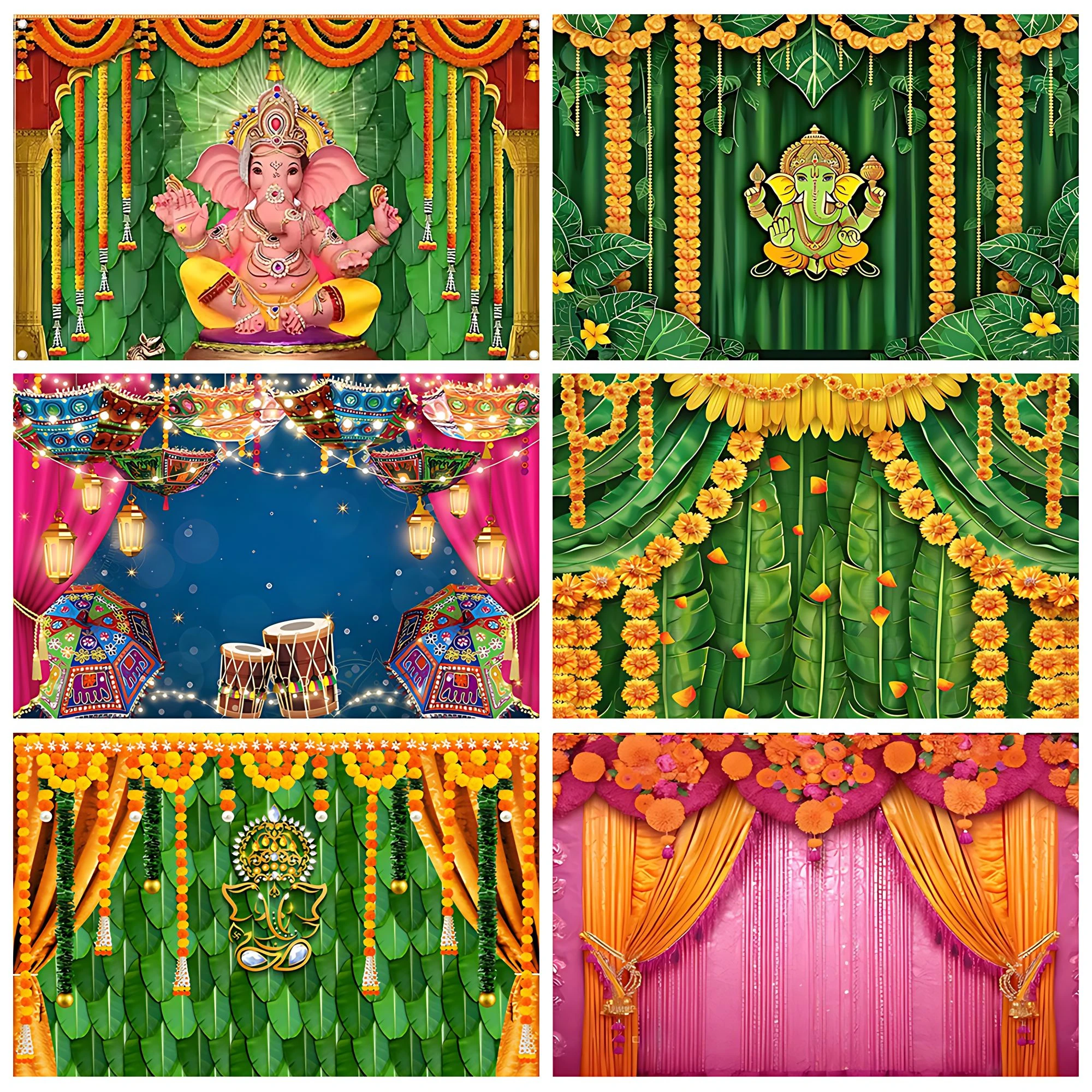 Indian Traditional Photography Background Marigold Green Leaf Hindu Indian Wedding Holi Flowers Garland Anniversary Backdrops