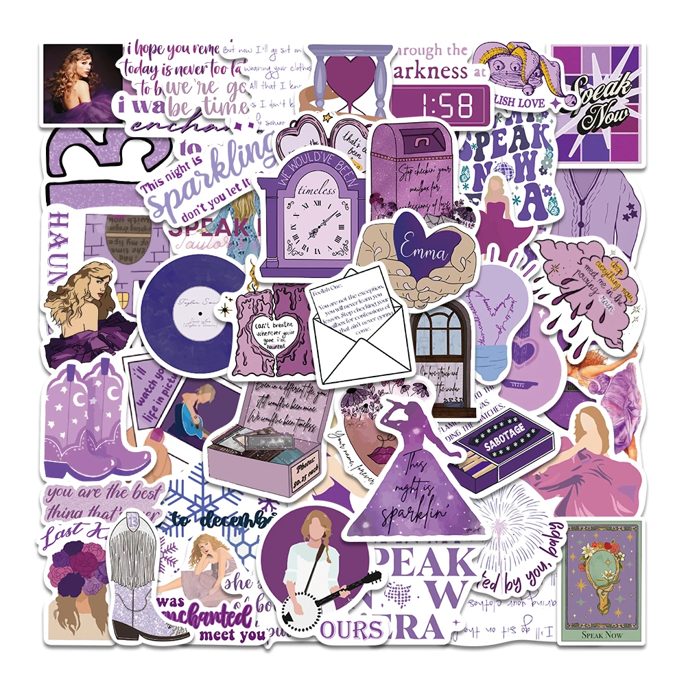 50Pcs Taylor Stickers Cool Trendy Purple Speak Now Albums Stickers Waterproof Decals for Laptops Water Bottle Guitar Suitcase