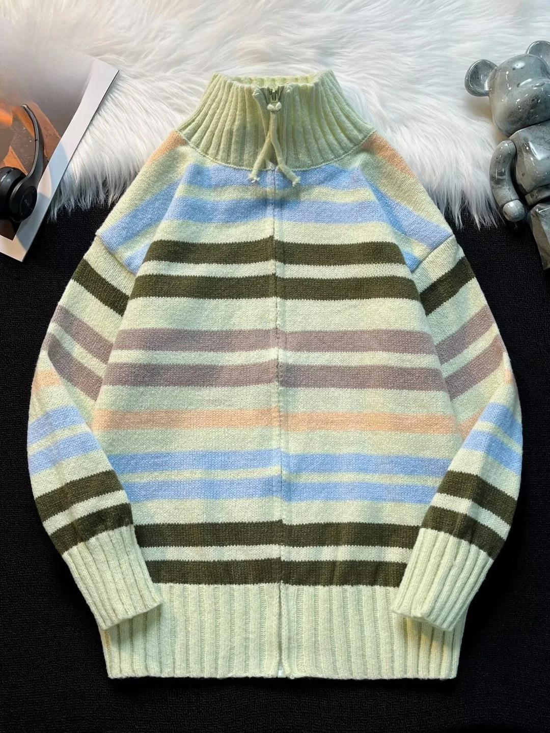 

Ladies Casual Striped Knitted Open Cardigan Loose Fit Autumn Winter New Sle Commute High Collar Zipper Long Sve Sweater
