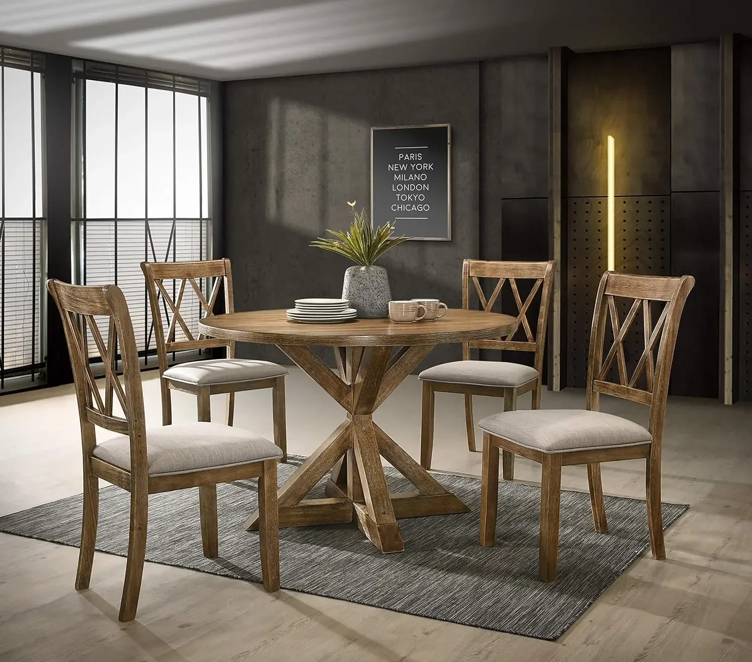 

48" Round Dining Table Set for 4, 5-Piece Wooden Kitchen Table Farmhouse Rustic Circle Dining Table Set of 5