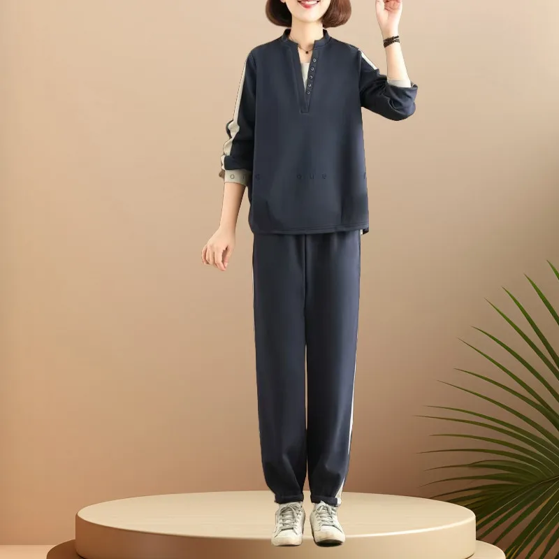 Women Autumn Two Piece Set Middle Aged Mom Stand Collar Sweatshirt Loose Jogger Pants Casual Sport Outfit