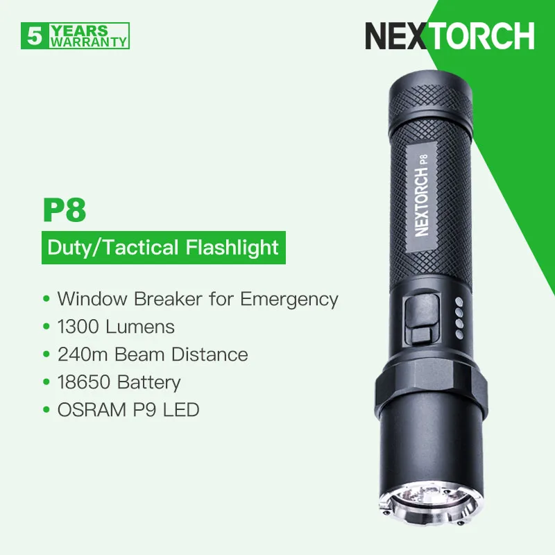 

Nextorch P8 Rechargeble Compact Duty/Tactical Flashlight, 1300 Lumens 18650 Battery, Type-C Direct Charging, Steel Strike Bezel