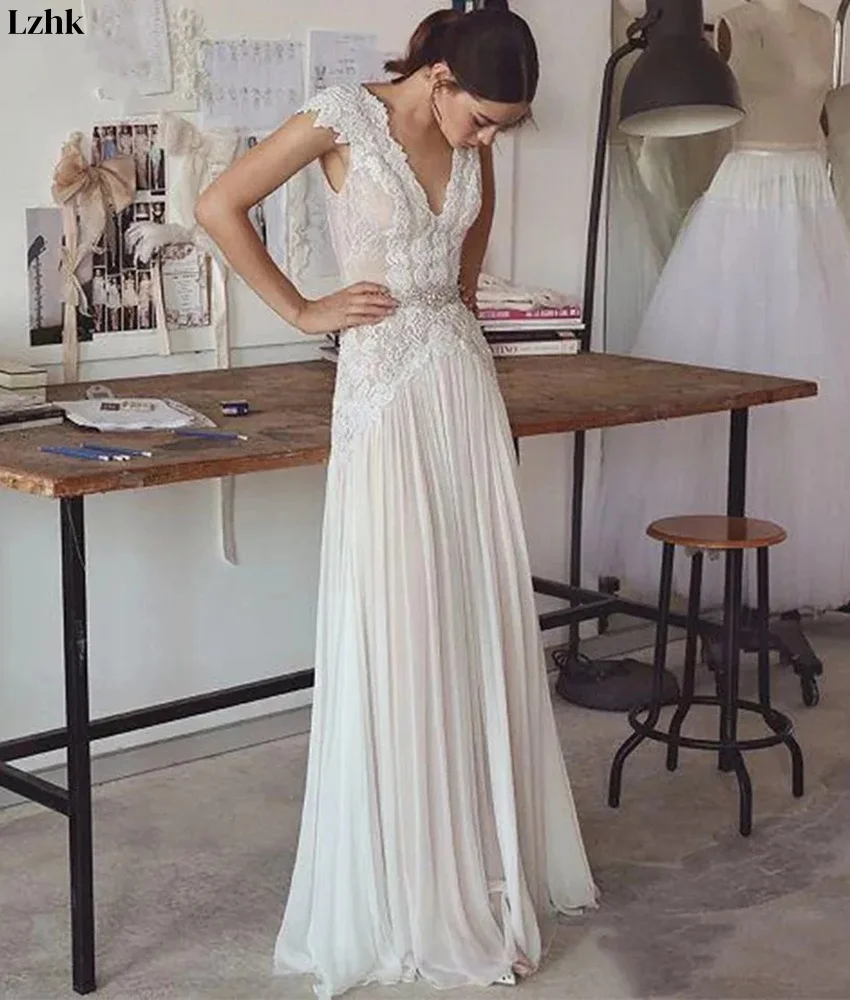 Temperamento personalizado chiffon a linha renda cristal vestido de noite de alta qualidade com decote em v sem mangas até o chão vestidos de festa