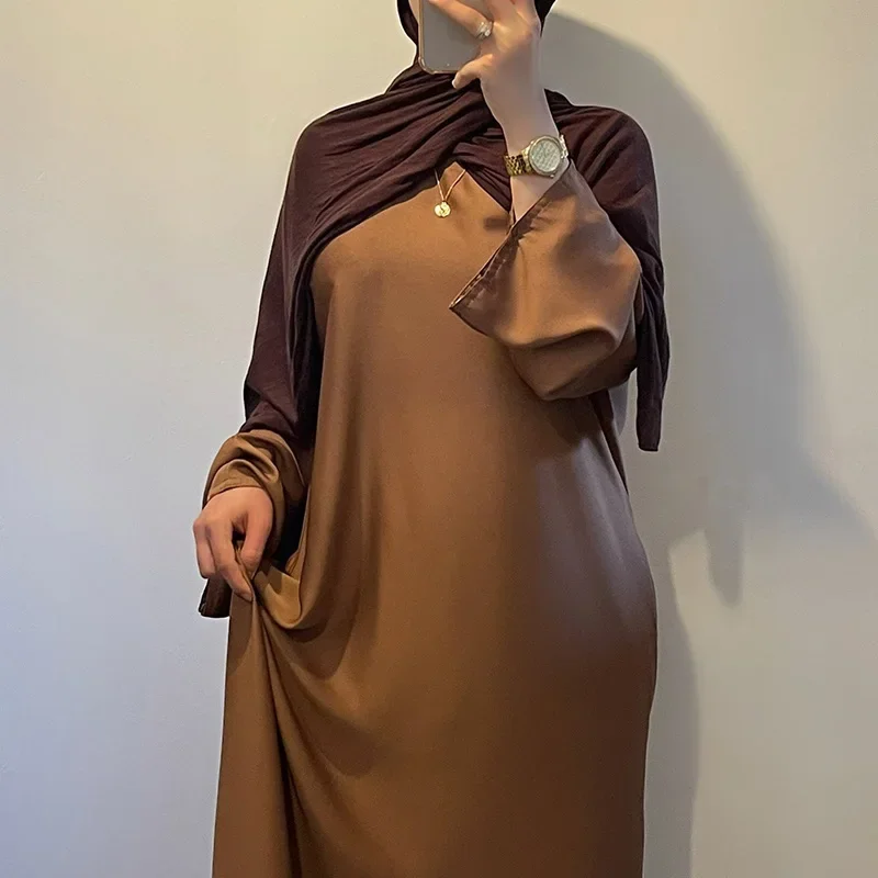 Muslim Fashion Satin Abaya with Pockets Belt Hijab Dress Closed Abayas for Women Dubai Turkey Ramadan Eid Islam African Clothes