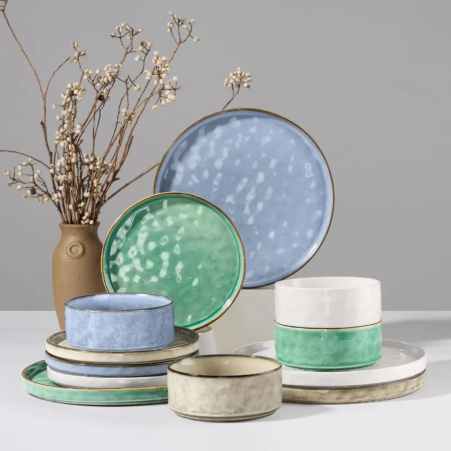 

12Piece Stoneware Dinnerware Set for 4 Including Plates and Bowls Multicolor Ceramic Dish Set for Home Restaurant Use Chip and