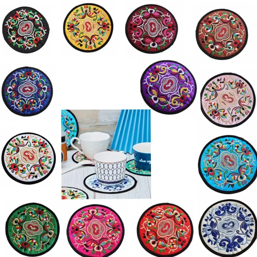 Durable Cloth Chinese Embroidery Insulation Pad Vintage Round Coaster Anti-Skid Anti-Stain Table Mats Teacup