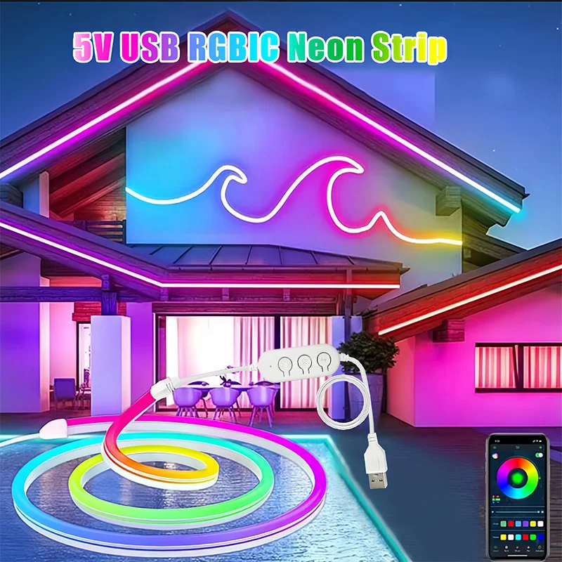 

Neon LED Strip Lights DC5V RGBIC Neon Rope Light 60LEDs/M with Music Sync Dreamcolor Chasing Strip Tape for Home Decor Lighting