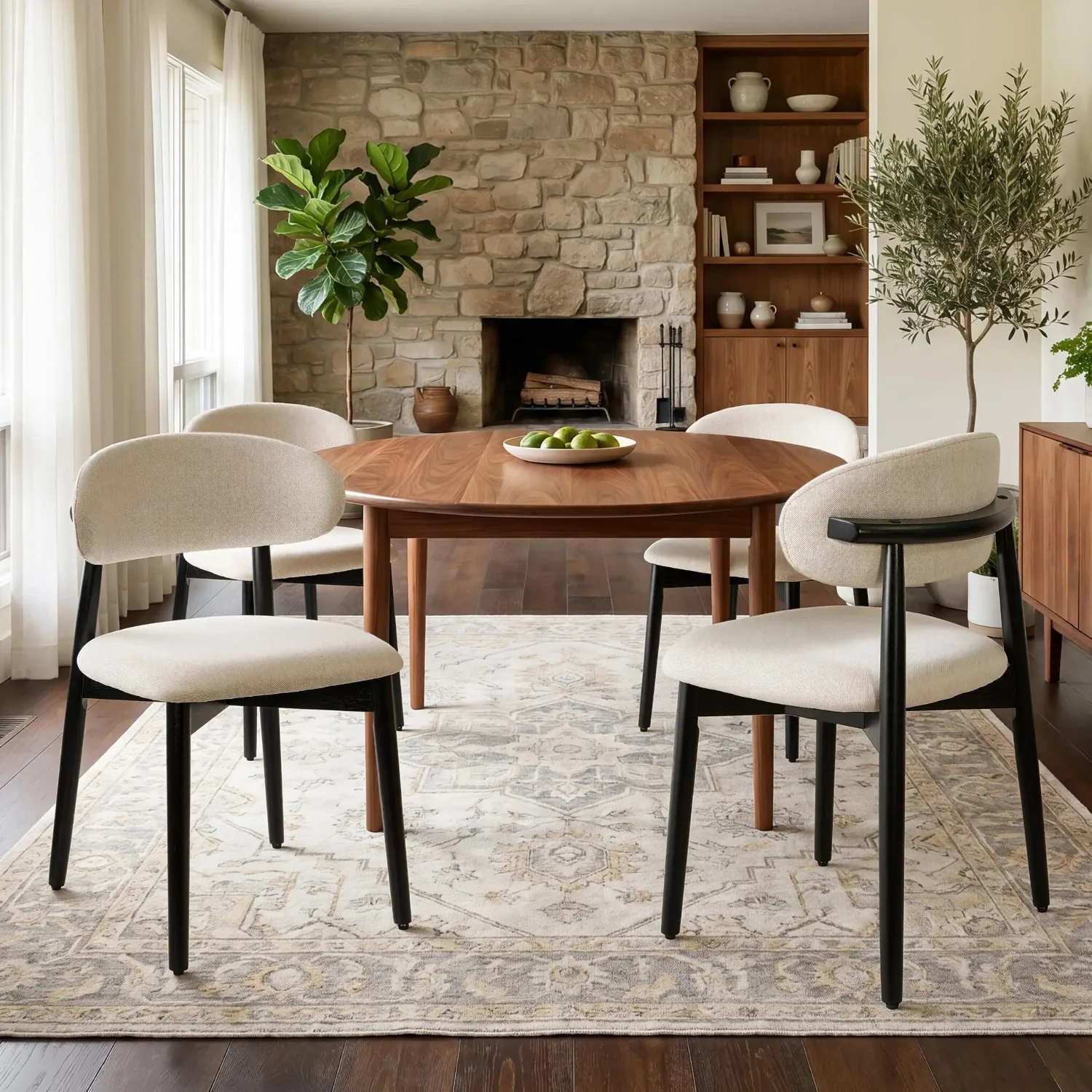 Dining Room Chairs Set of 4, Mid Century Modern Wooden Dining Room Chairs, Farmhouse Fabric Upholstered Kitchen Dinner