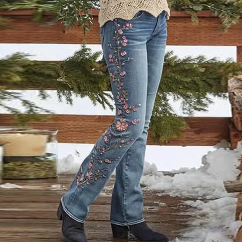 

Jeans Women Flare Pant Denim Long Pants Floral Sexy Hip Wrap High Waist Slim Fit Sheath Straight Trousers Elegant Splice Autumn