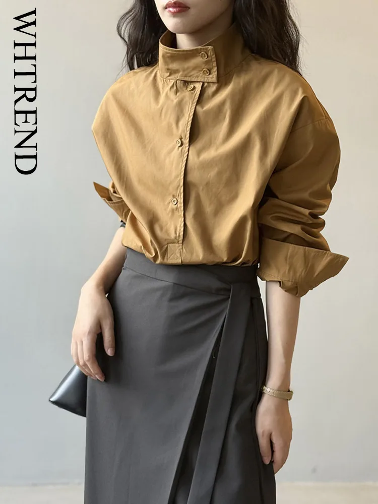 

WHTREND свободная рубашка с воротником-стойкой для женщин, хлопковые однобортные универсальные рубашки с длинными рукавами, новинка осени 2023, WH1478