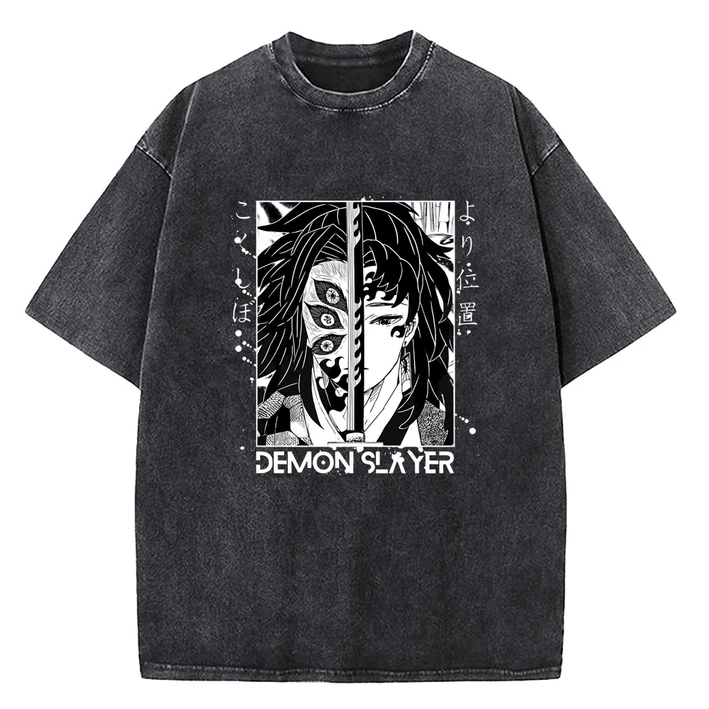 Japanisches Anime Demon Slayer Bedrucktes Gewaschenes T-Shirt für Männer Manga Casual T-Shirts Harajuku Herren Baumwoll-T-Shirt