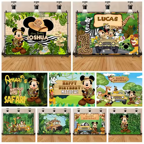 Mickey Mouse Safari Jungle Party Backdrop Green Forest Happy Birthday Car Animal Boy Baby Shower Costom Photography Background