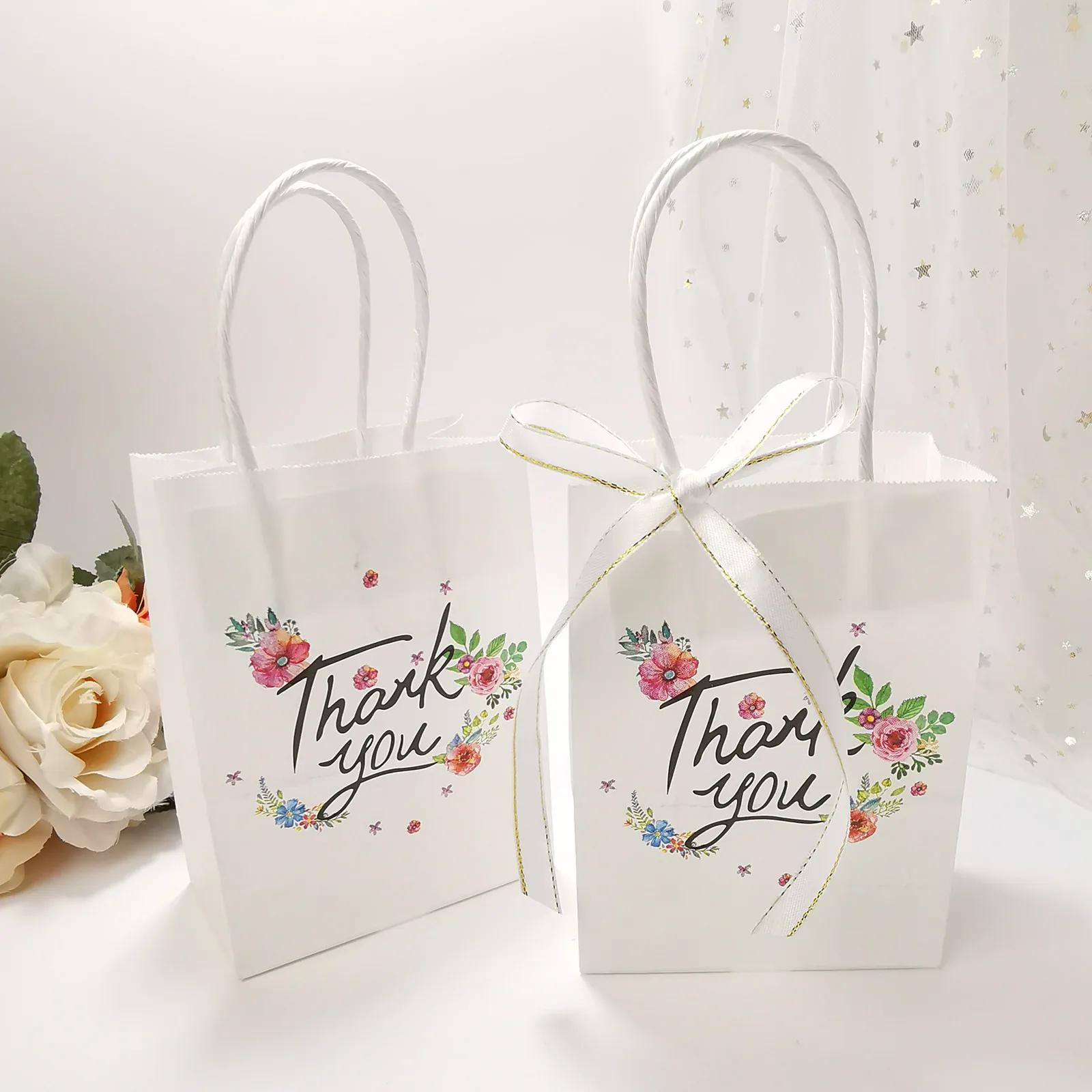 24Pcs Thank You Paper Gift Bag with Handle Flower Love Wedding Gift Packaging Bags Christmas for Guest Birthday Thanksgiving