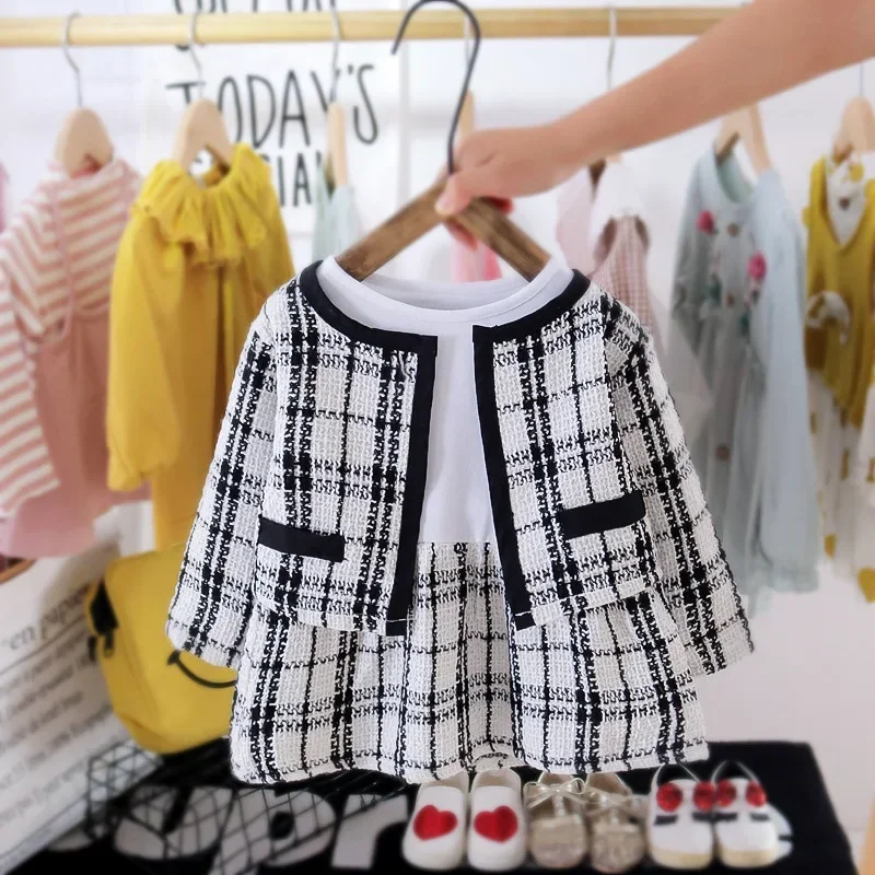 Fashion Kids Girls Princess 2pcs Clothes Set Spring Autumn Children Plaid Outwear+Skirts Vintage Outfits Suit Baby Girl Clothes