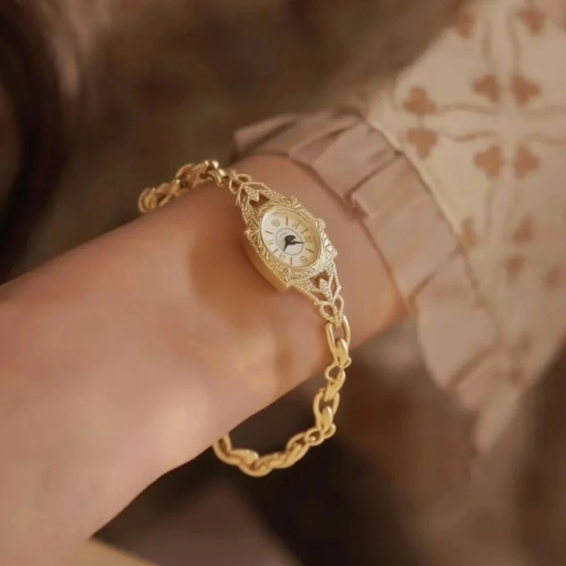 Medieval Vintage Women Watch Japanese Quartz Oval Carving Bracelet 18K Brass Fine Watch for Women