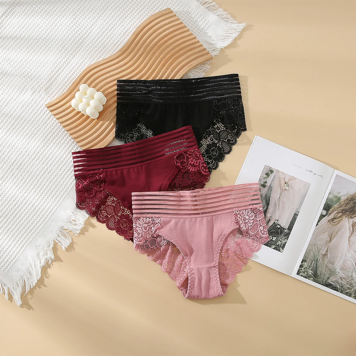 3Pcs Women\'s Sexy Lace Panties Seamless Underpants Solid Color Transparent Intimates Briefs Breathable Lingeries Large Size