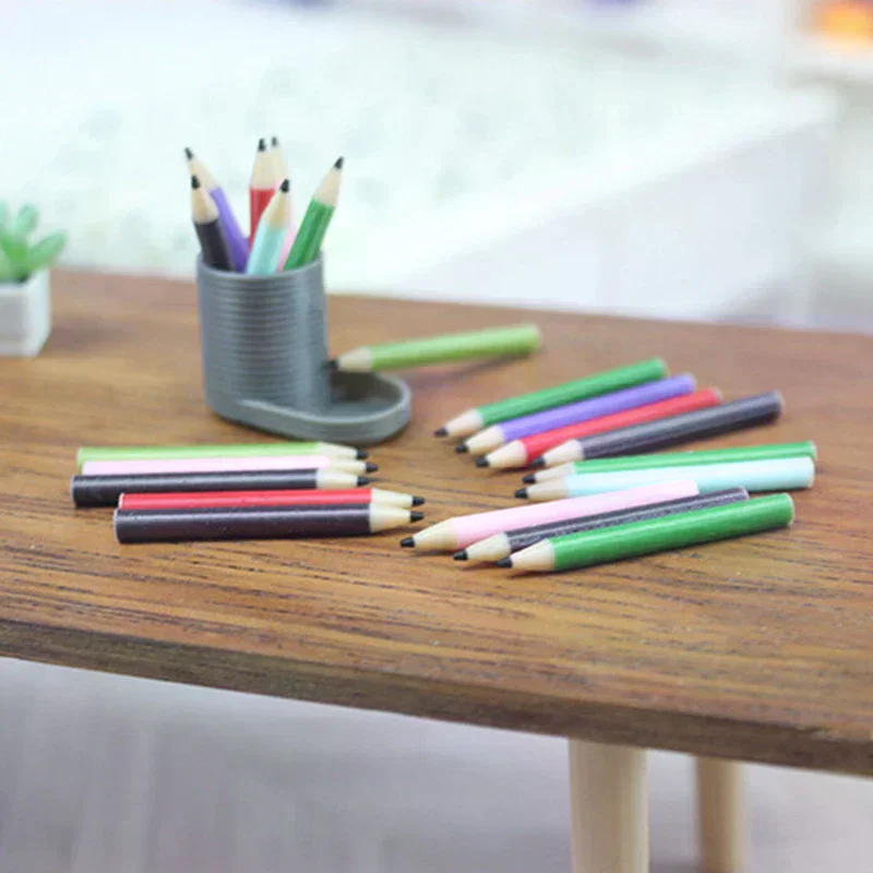 1:12 Dollhouse Miniature Decorative Stationery Set; Pretend Play Pen Holder & Colored Pencils Set Doll Home Toys