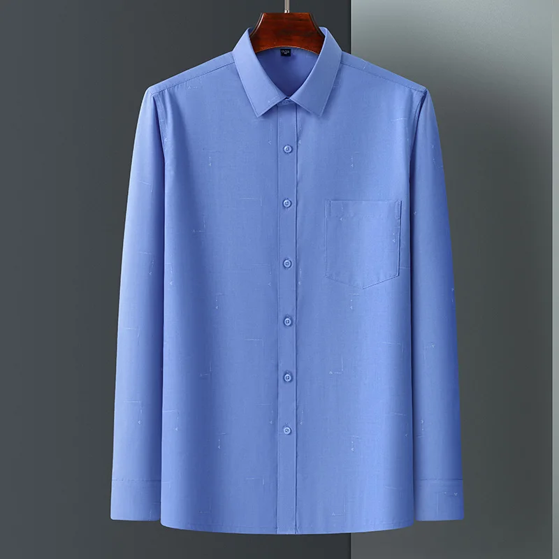 High Quality Bamboo Fiber Mens Dress Shirts Autumn Anti-Wrinkle Soft Camisa Social Print Striped Business Oversized 7XL 6XL 5XL