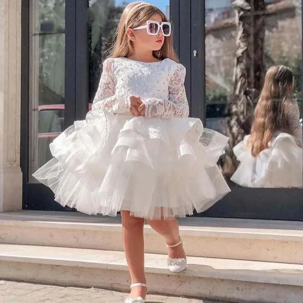 

Customized White Flower Girl Dresses for Wedding Lace Appliques Knee Length Kids Birthday Dresses Tulle Girls Ball Gowns