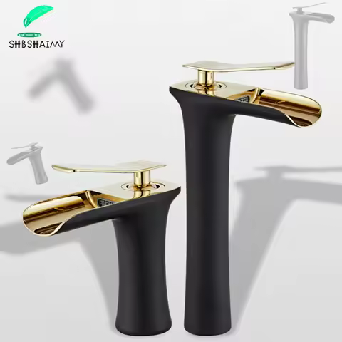 SHBSHAIMY Black Gold Basin Faucets Waterfall Bathroom Deck Mounted Faucet Single Handle Hot Cold Water Mixer Tap Wash Basin Tap
