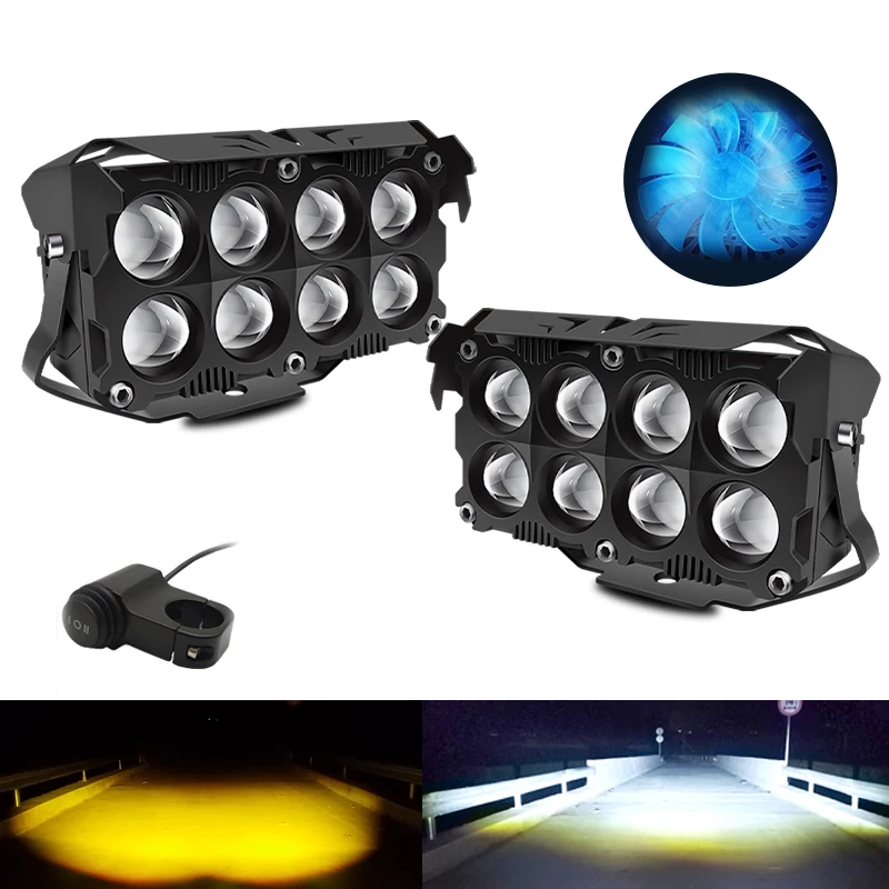 

8 Lens Motorcycle LED Spotlight Hi/Low Beam Dual Color Driving Front Light Fog Lamp With Fan For Truck ATV High power Headlights