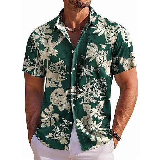 

Summer Mens Hawaiian Flower Print Lapel Shirt Beach Casual Button Down Short Sleeve Fashion Streetwear Tops