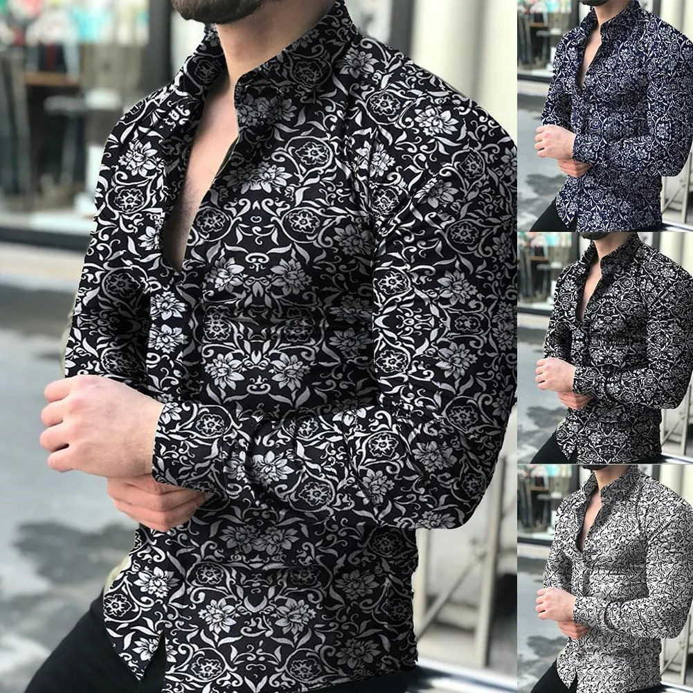 Fashion Men's Long Sleeve Floral Print Shirt Spring Autumn Loose Fit Travel Casual Pure Color Thickened Fleece Lined Stand Co...