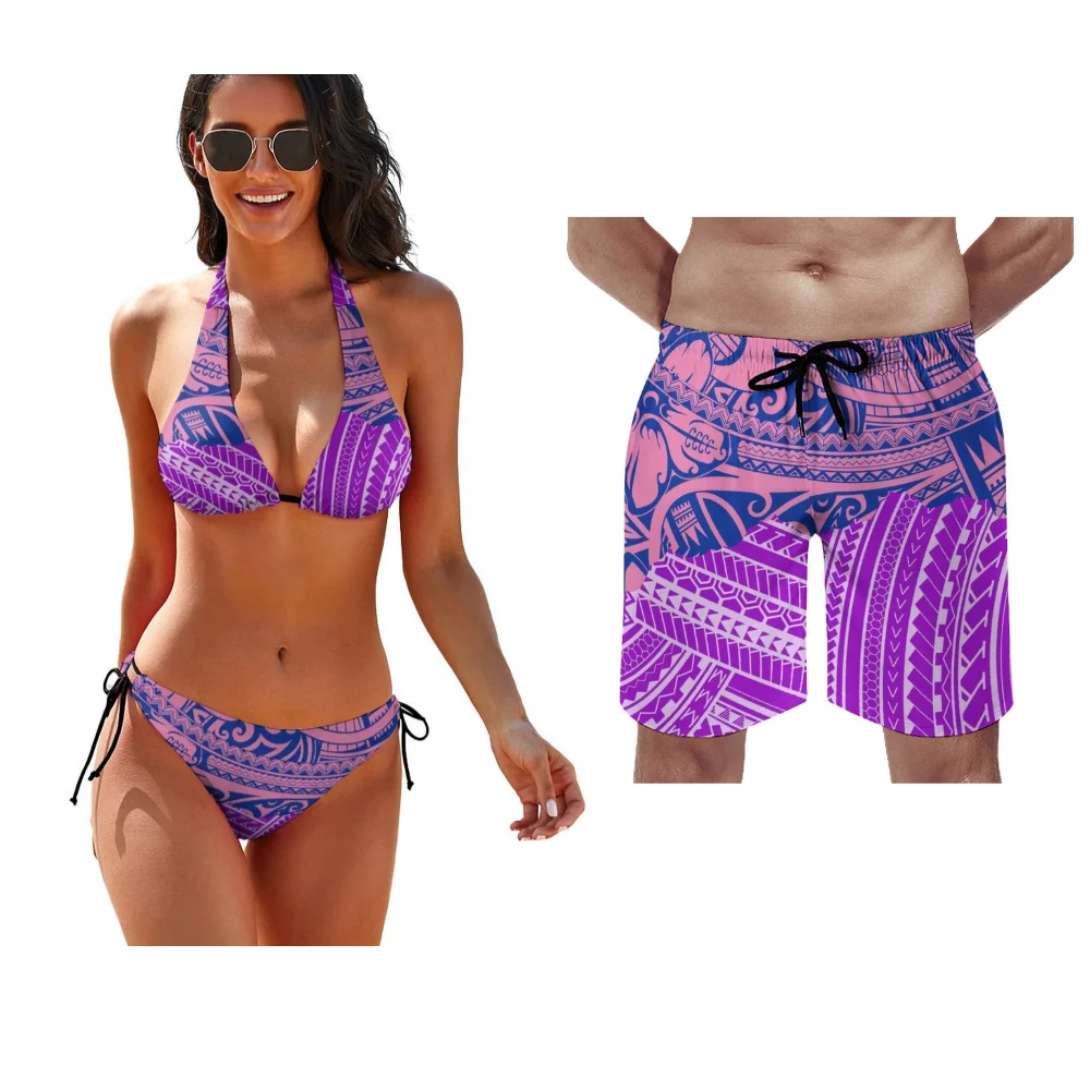 

Customizable Polynesian Lace Couple Set Women Bikini Men Trunks Tropical Escape Beach Swimwear YearRound Ready
