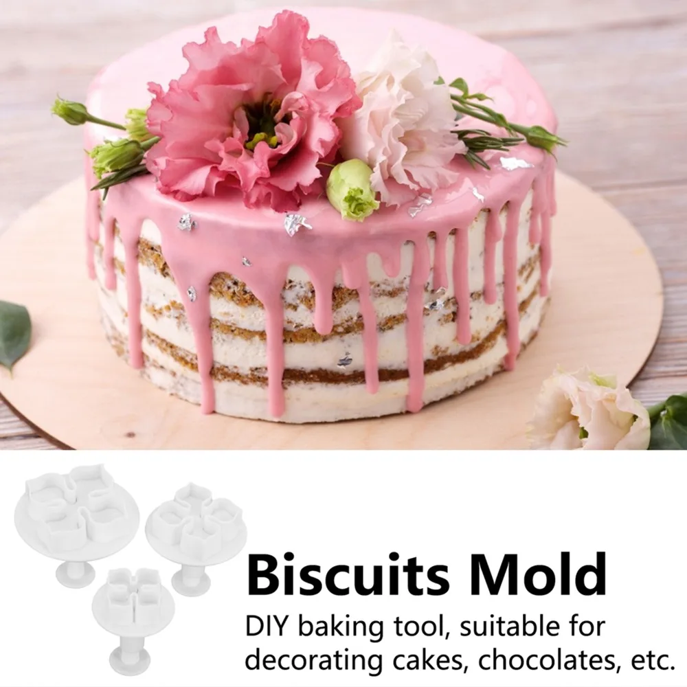 3PCS Food Grade PP Fondant Flower Cutter Flower Design Spring-Loaded Cake Decor Embossing Mold Easy Clean Sugar Cookie Mold