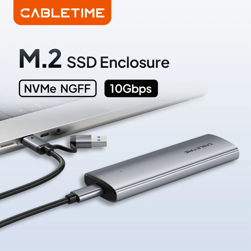 

Корпус для SSD CABLETIME M2 NVMe PCIe, USB-C 3.2 Gen2 10 Гбит/с, адаптер M.2 на USB-C для дисков NVMe PCIe NGFF SATA