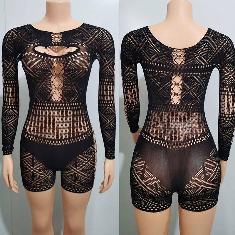 Sexy See Through Mesh Playsuit Women Rompers Long Sleeve Hollow Out Skinny Night Club Outfit One Pieces Jumpsuit Shorts Bodysuit