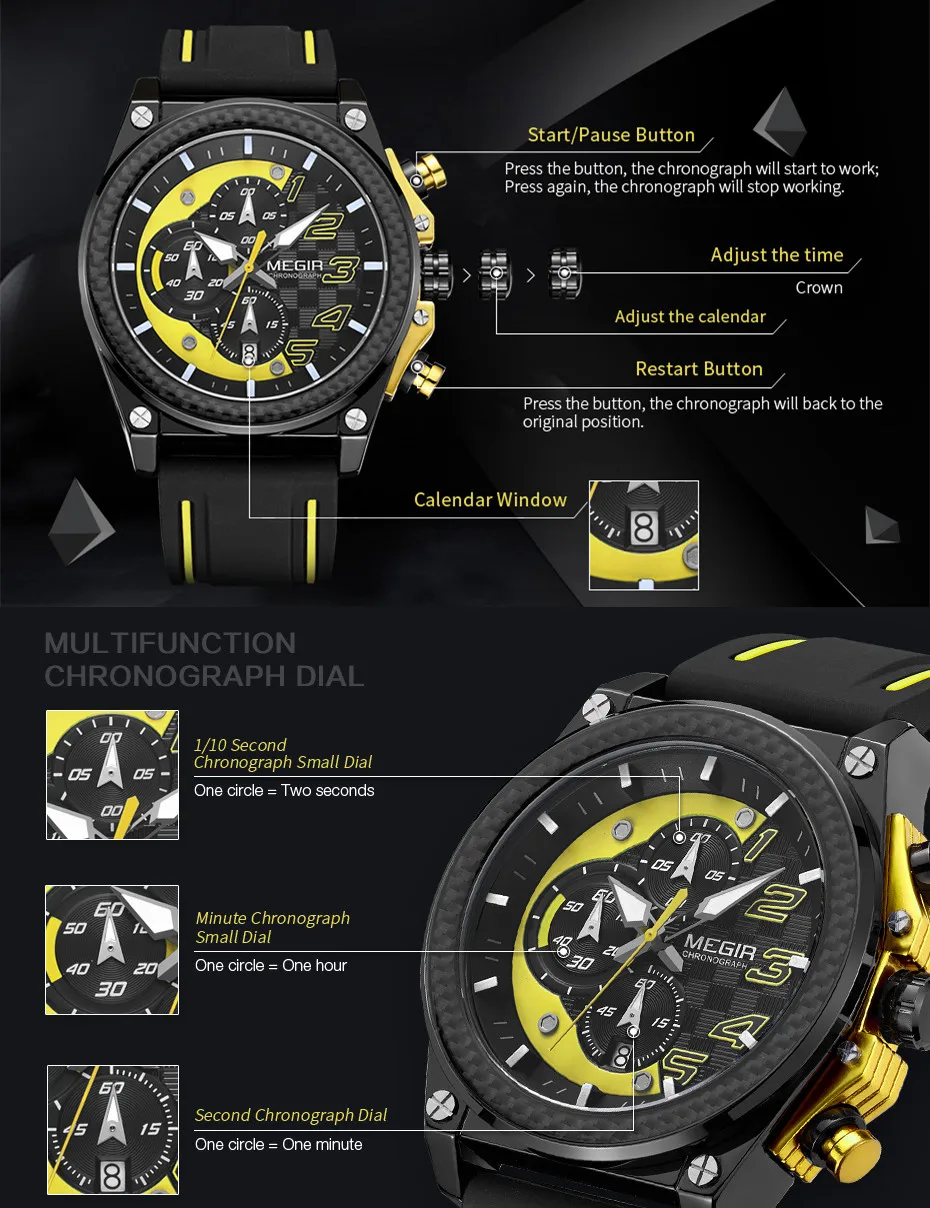 MEGIR Chronograph Sports Watch Men Silicone Military Watches Waterproof Date Clock Fashion Quartz Wristwatches Reloj Hombre 2051