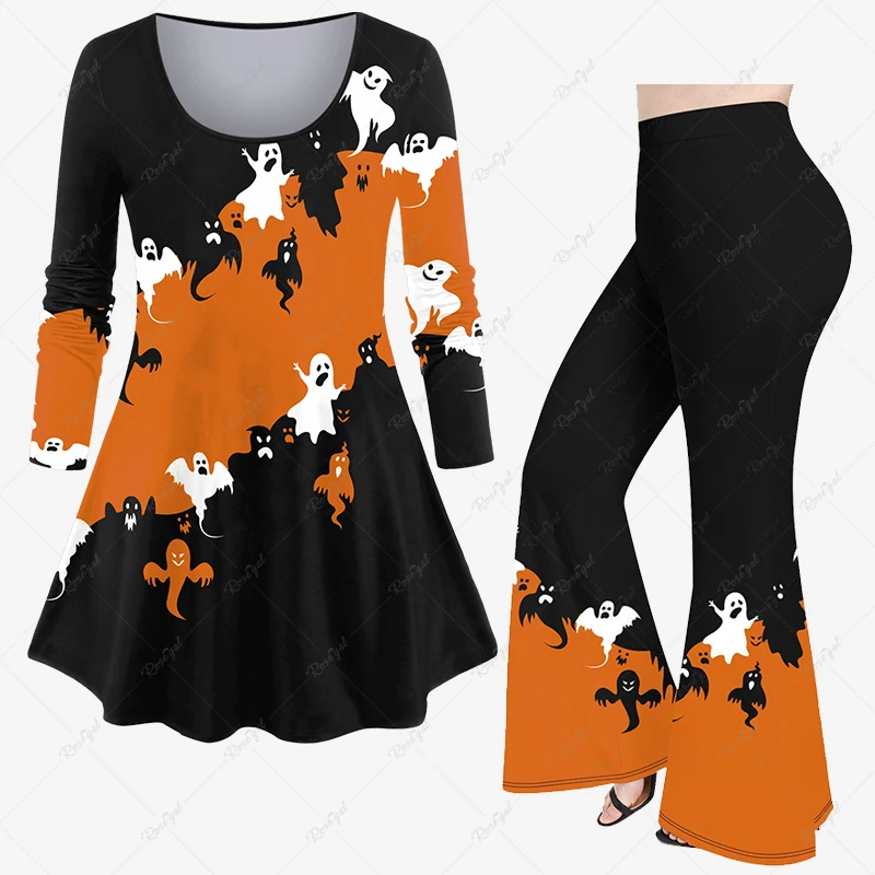 Long SleevesT-shirt and Flare Pants Set for Women Daily Casual Vacation Matching Set Colorblock Bat Wing Ghost 3D Printed Suit