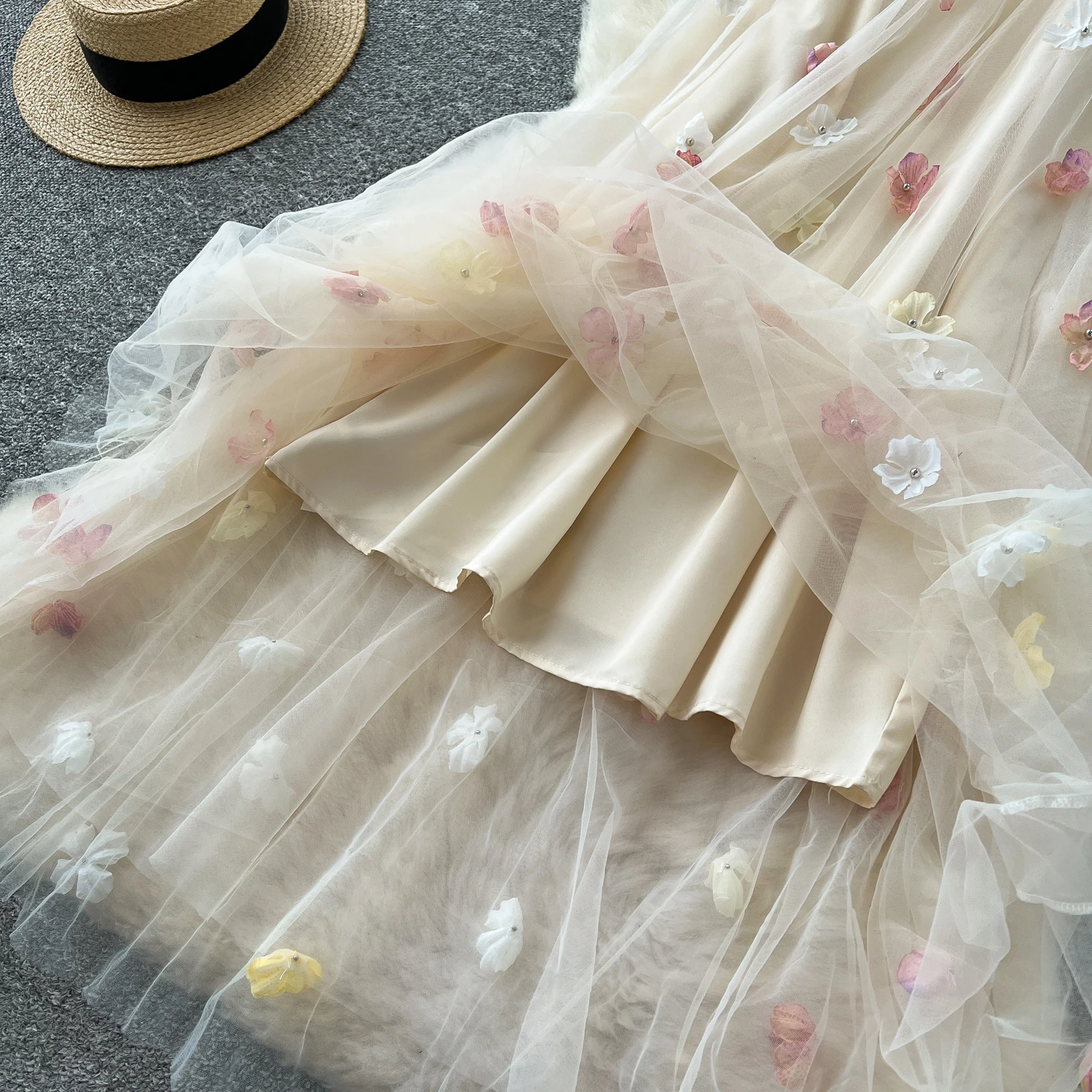 Robe trapèze en maille florale, Chic, tridimensionnelle, à volants doux, Vintage, élégante, taille haute, mode coréenne