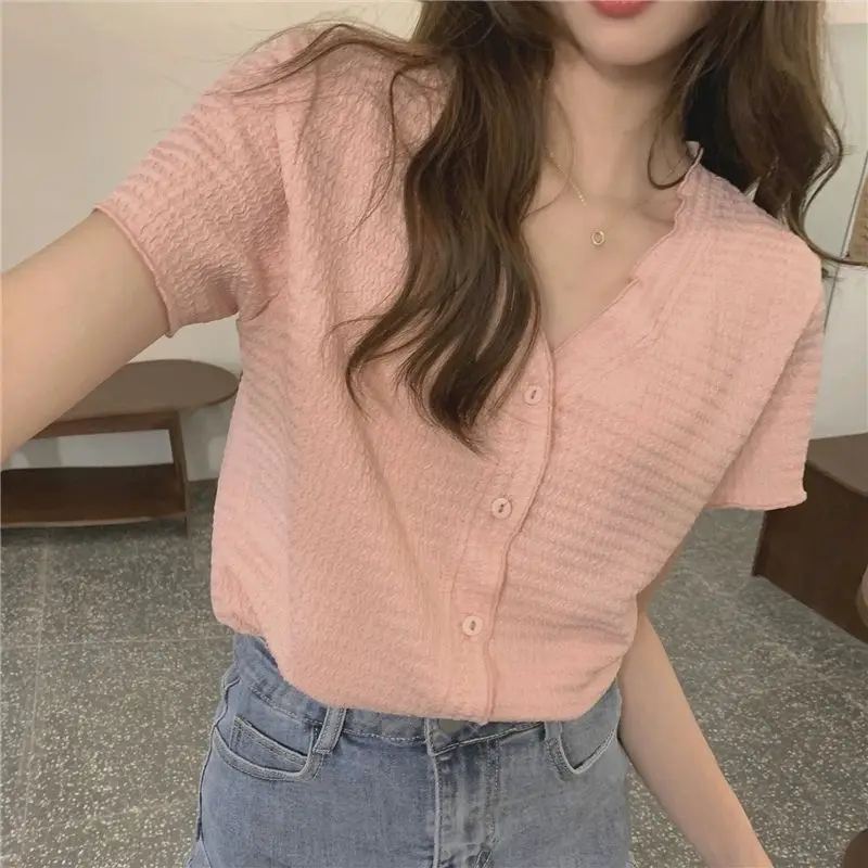 Shirts Women Solid V-neck Korean Style Ladies Single Breasted All-match Design Summer Short Sleeve Streetwear Office Leisure Ins