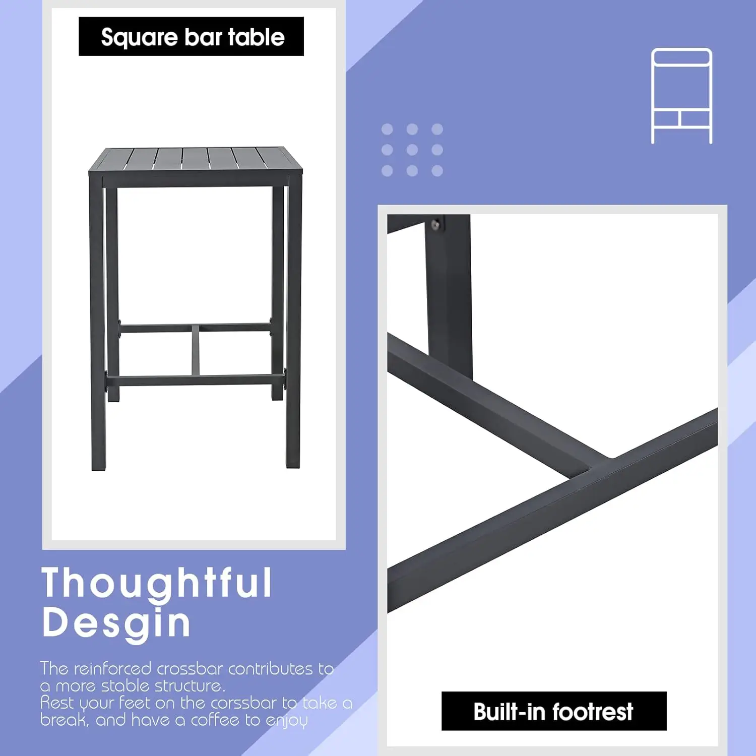 All-Aluminum Frame Square Pub Table, uso interno e externo, fácil montagem, baixa manutenção, cinza escuro